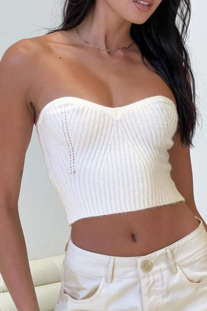 Knit Sweetheart Neckline Hollow Out Slim Fit Strapless Crop Top-White-Hayhty.All Rights Reserved.