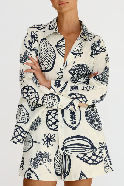 Floral Fruit Print Long Sleeve Shirt Casual Short Two Piece Set-Hayhty.All Rights Reserved.