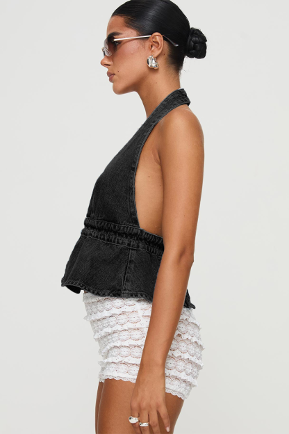 Deep Plunge Neckline Tie Up Open Back Denim A-Line Halter Neck Top-Blue-Hayhty.All Rights Reserved.