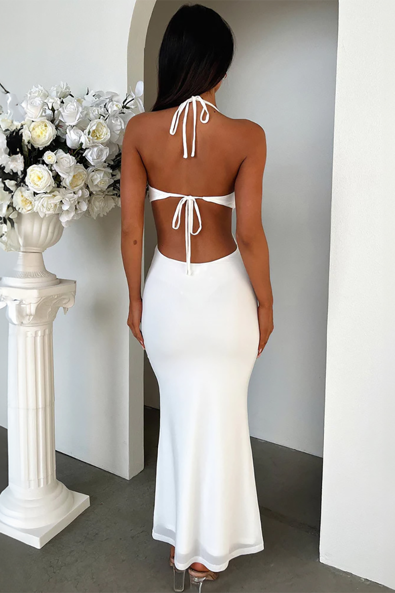 Ruffled Bodycon Open Back Halter Maxi Dresses-White-Hayhty.All Rights Reserved.