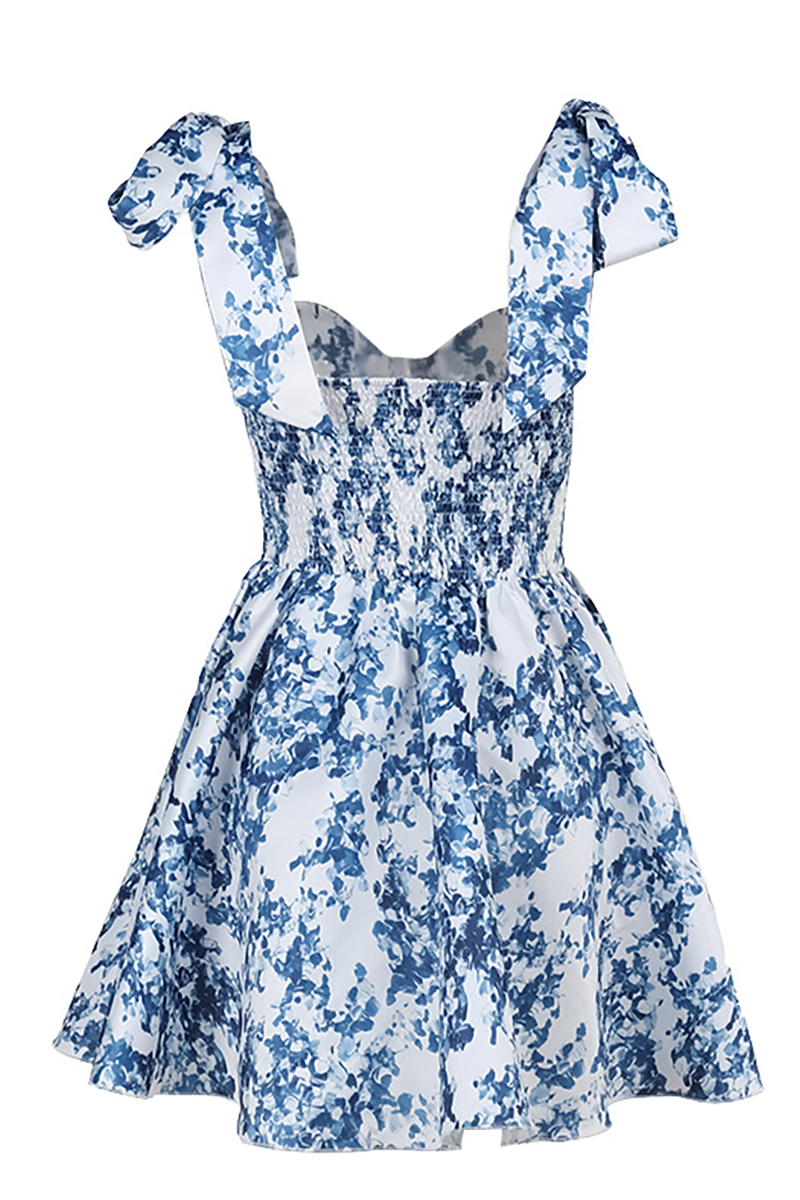 Floral Print Tie Up Shoulder Straps Corset A-Line Mini Dresses-Blue-Hayhty.All Rights Reserved.