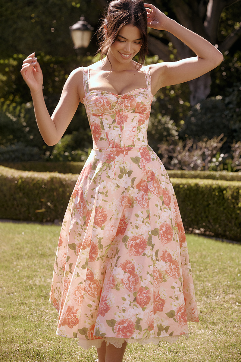 Floral Print Front Tie Up Corset A-Line Garden Party Slip Midi Dresses-Pink-Hayhty.All Rights Reserved.