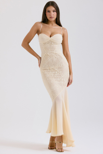 Lace Patchwork Bodycon Fishtail Hem Spaghetti Strap Chiffon Maxi Dresses-Beige-Hayhty.All Rights Reserved.