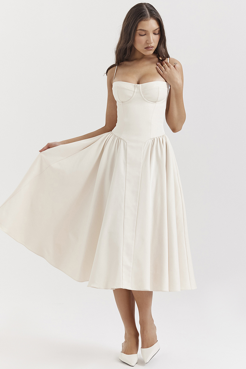 Elegant Cinch Waist Pleated Formal Party Slip Midi Dresses-Beige-Hayhty.All Rights Reserved.