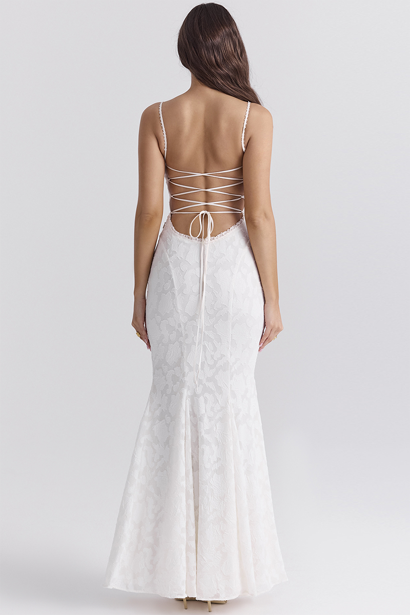 Jacquard Lace Back Lace Up Fishtail Hem Slip Maxi Dresses-White-Hayhty.All Rights Reserved.