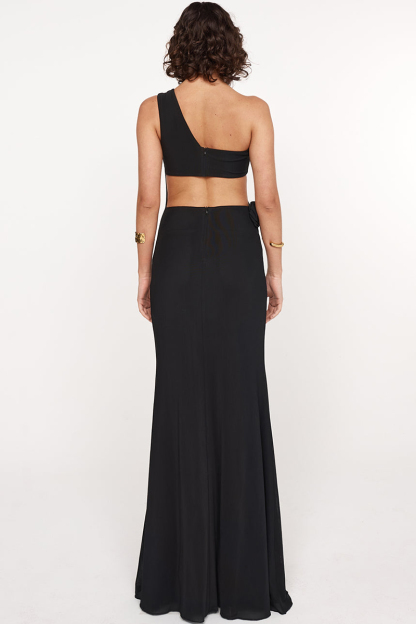 3D Flower Ruched Backless One Shoulder Gowns Maxi Dresses-Black-Hayhty.All Rights Reserved.
