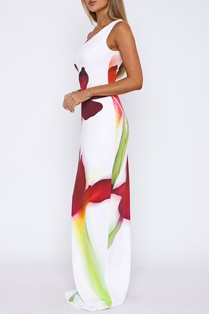 Sleeveless Floral Print Slim Fit One Shoulder Maxi Dresses-White-Hayhty.All Rights Reserved.