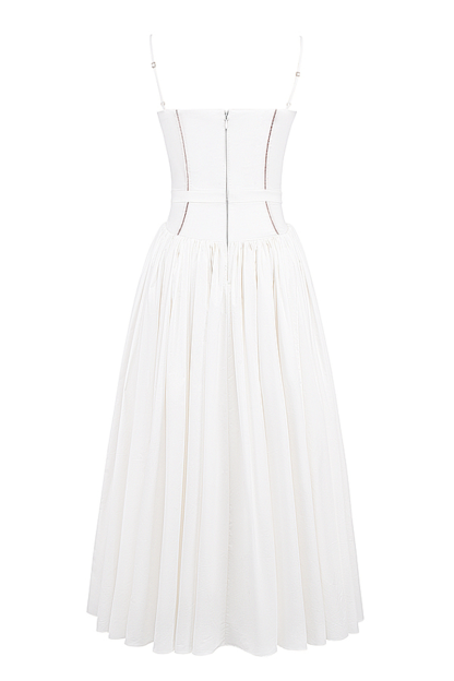 Spaghetti Strap Boat Neck Cinch Waist Pleated Hem Maxi Dresses-White-Hayhty.All Rights Reserved.