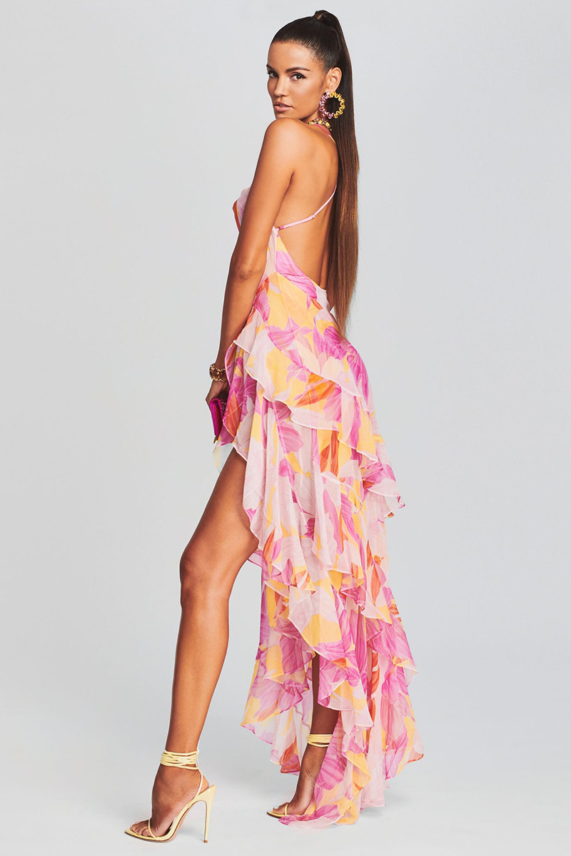 Vacation Cami Boat Neck Floral Print Irregular Ruffle Hem High Slit Tulle Maxi Dresses-Hayhty.All Rights Reserved.