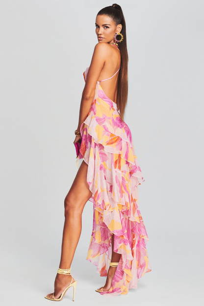 Vacation Cami Boat Neck Floral Print Irregular Ruffle Hem High Slit Tulle Maxi Dresses-Hayhty.All Rights Reserved.