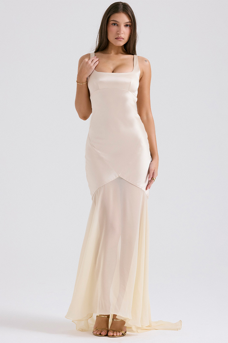 Square Neck Satin Patchwork Bodycon Fishtail Hem Gowns Slip Maxi Dresses-Blue-Hayhty.All Rights Reserved.