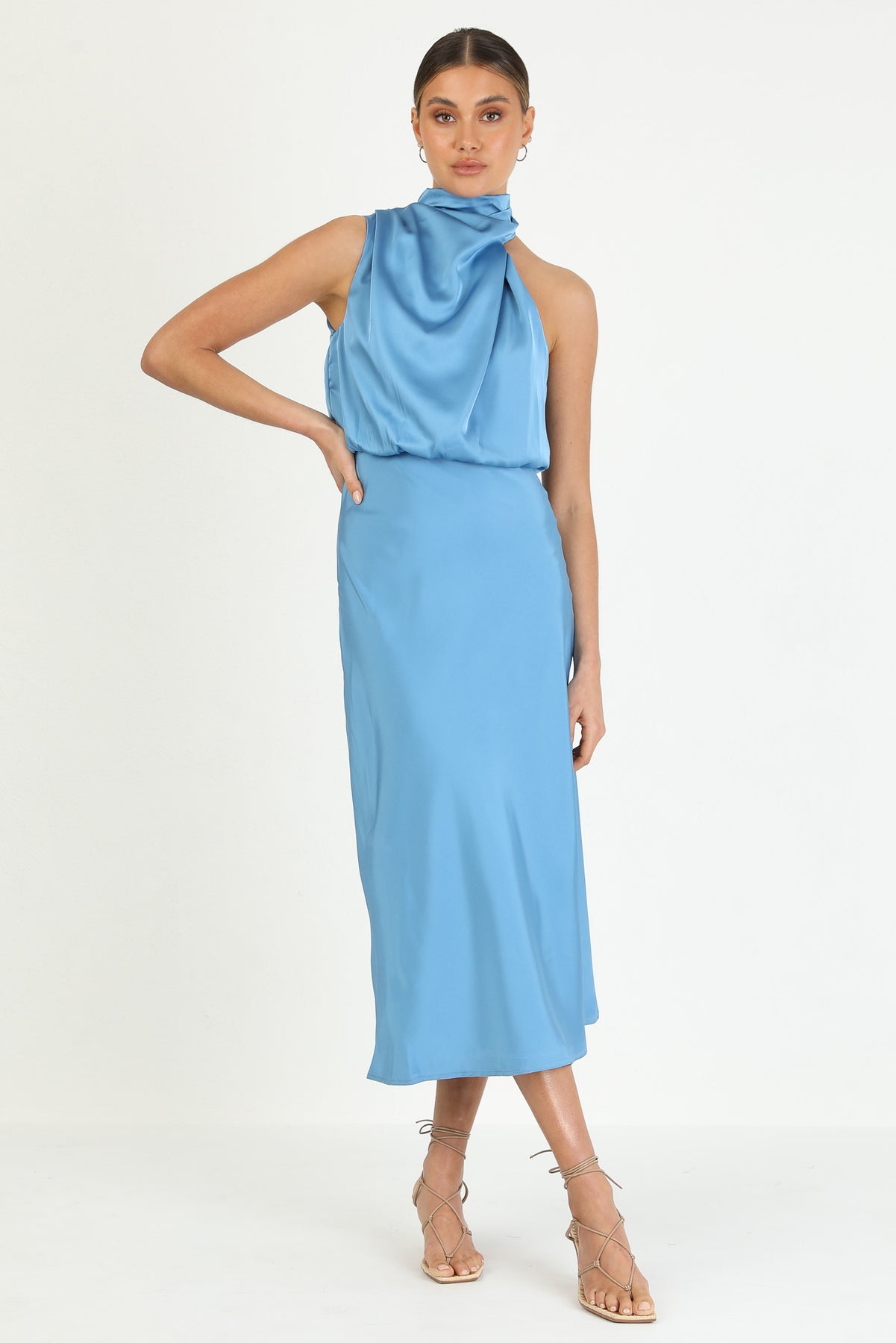 Turtleneck Sleeveless Satin Midi Dresses-Hayhty.All Rights Reserved.