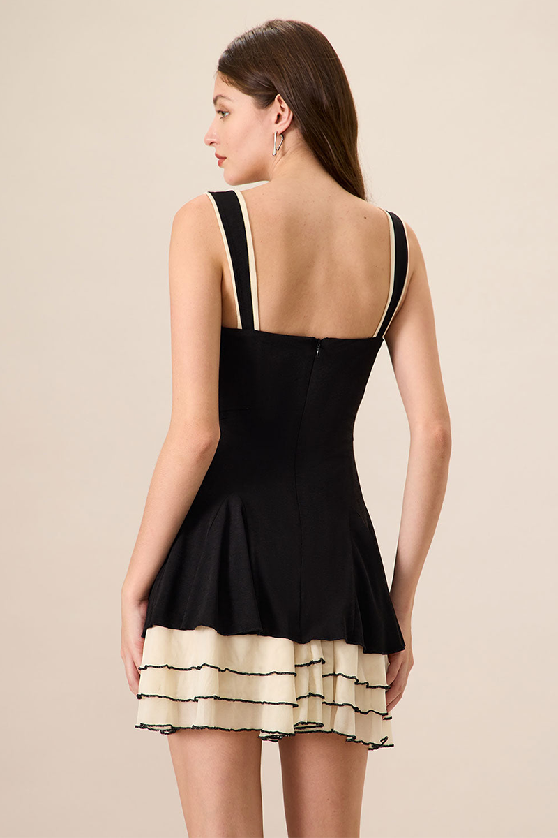 Colorblock A-Line Wide Straps Mini Dresses-Black-Hayhty.All Rights Reserved.