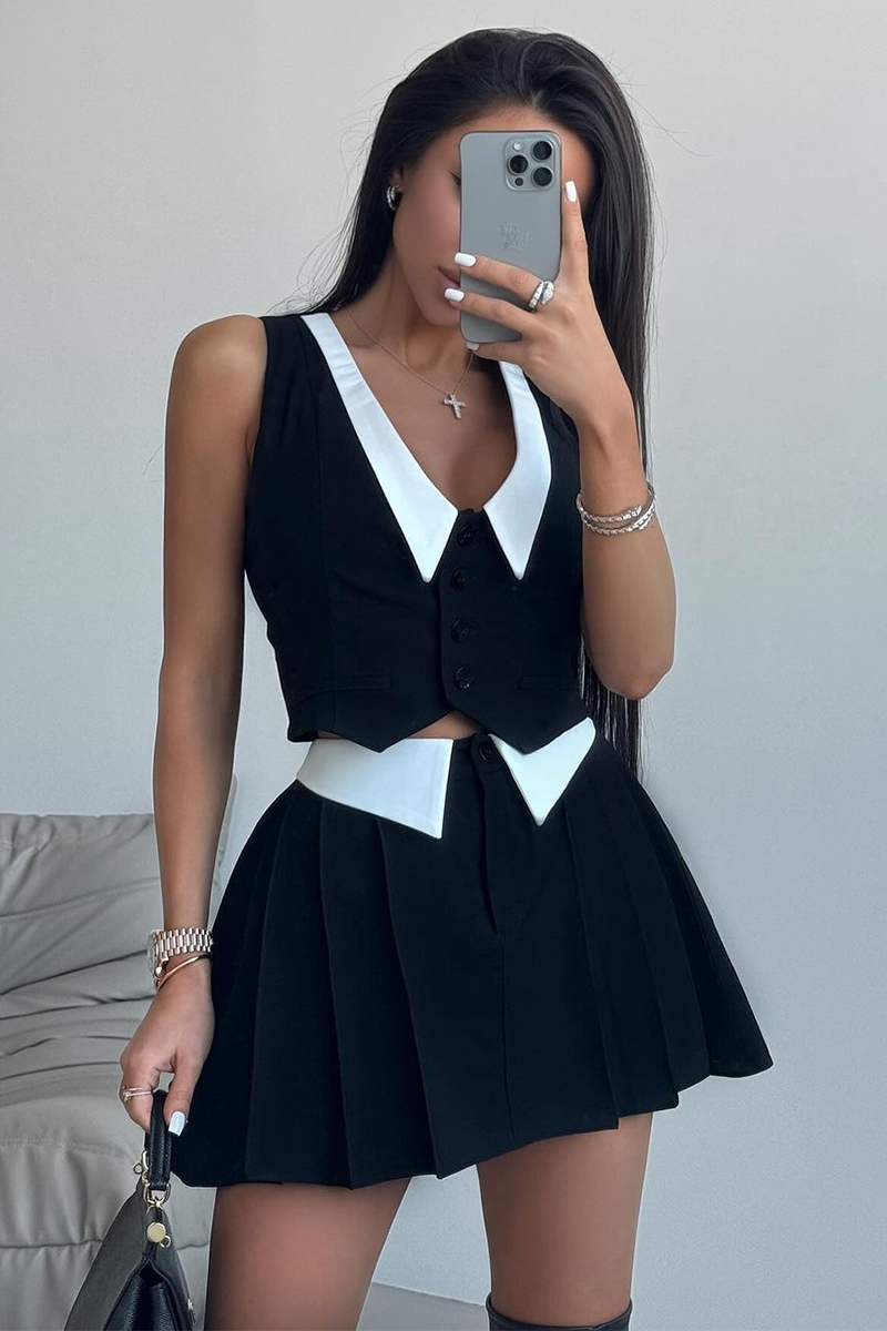 V Neck Waistcoat Colorblock Mini Skirt Matching Set-Black-Hayhty.All Rights Reserved.