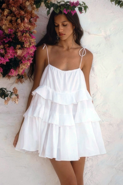 Tie Up Shoulder Strapless Backless Layered Ruffled A-Line Mini Dresses-White-Hayhty.All Rights Reserved.