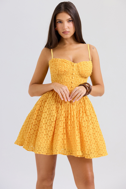 Daisy Pattern Lace Cinch Waist Slip Mini Dresses-Yellow-Hayhty.All Rights Reserved.