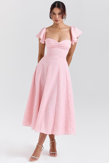 Flutter Sleeve Sweetheart Neckline A-Line Jacquard Midi Dresses-Pink-Hayhty.All Rights Reserved.