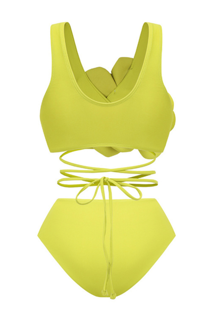 Tied Up 3D Flower Decor Bikini Top Maxi Skirt Bikini Three-Piece Set-Green-Hayhty.All Rights Reserved.
