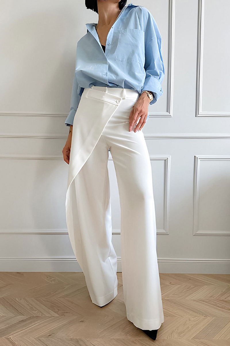 High Waist Overlay Asymmetric Straight Leg Pants-White-Hayhty.All Rights Reserved.