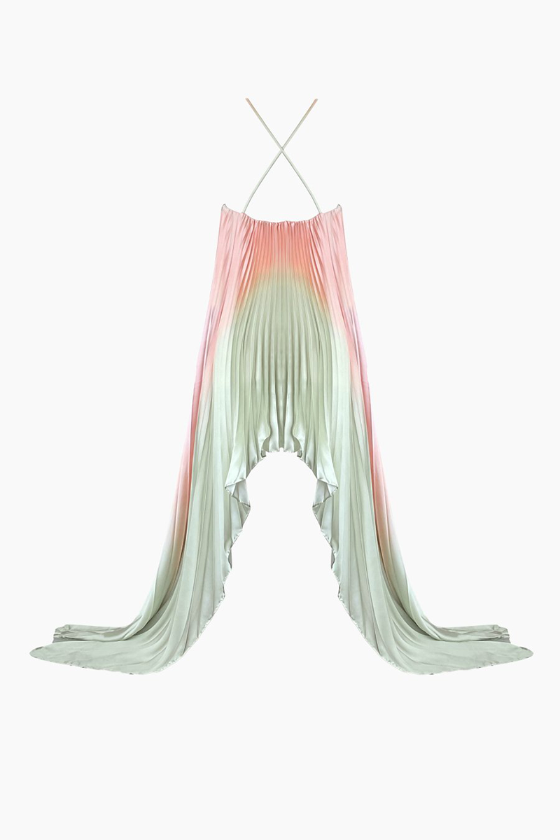 Halter Gradient Color Pleated Irregular Hem Maxi Dresses-Green-Hayhty.All Rights Reserved.