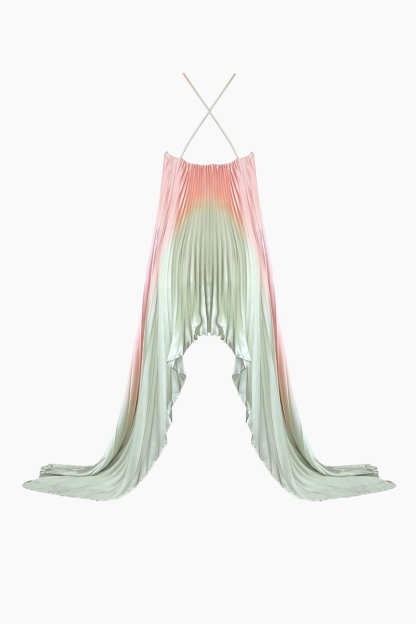 Halter Gradient Color Pleated Irregular Hem Maxi Dresses-Green-Hayhty.All Rights Reserved.