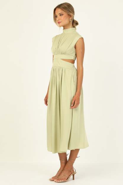 Stand Collar Sleeveless Open Waist Dress Maxi Dresses-Hayhty.All Rights Reserved.