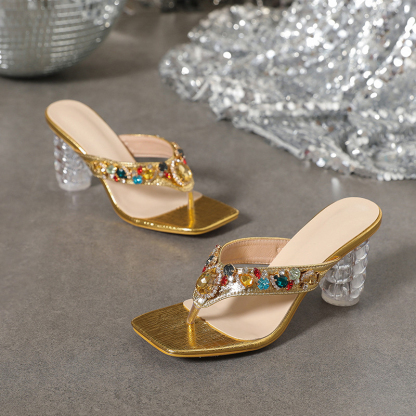 Metallic Sheen Multicolor Rhinestones Decor Flip Flops Sandal Heels-Hayhty.All Rights Reserved.
