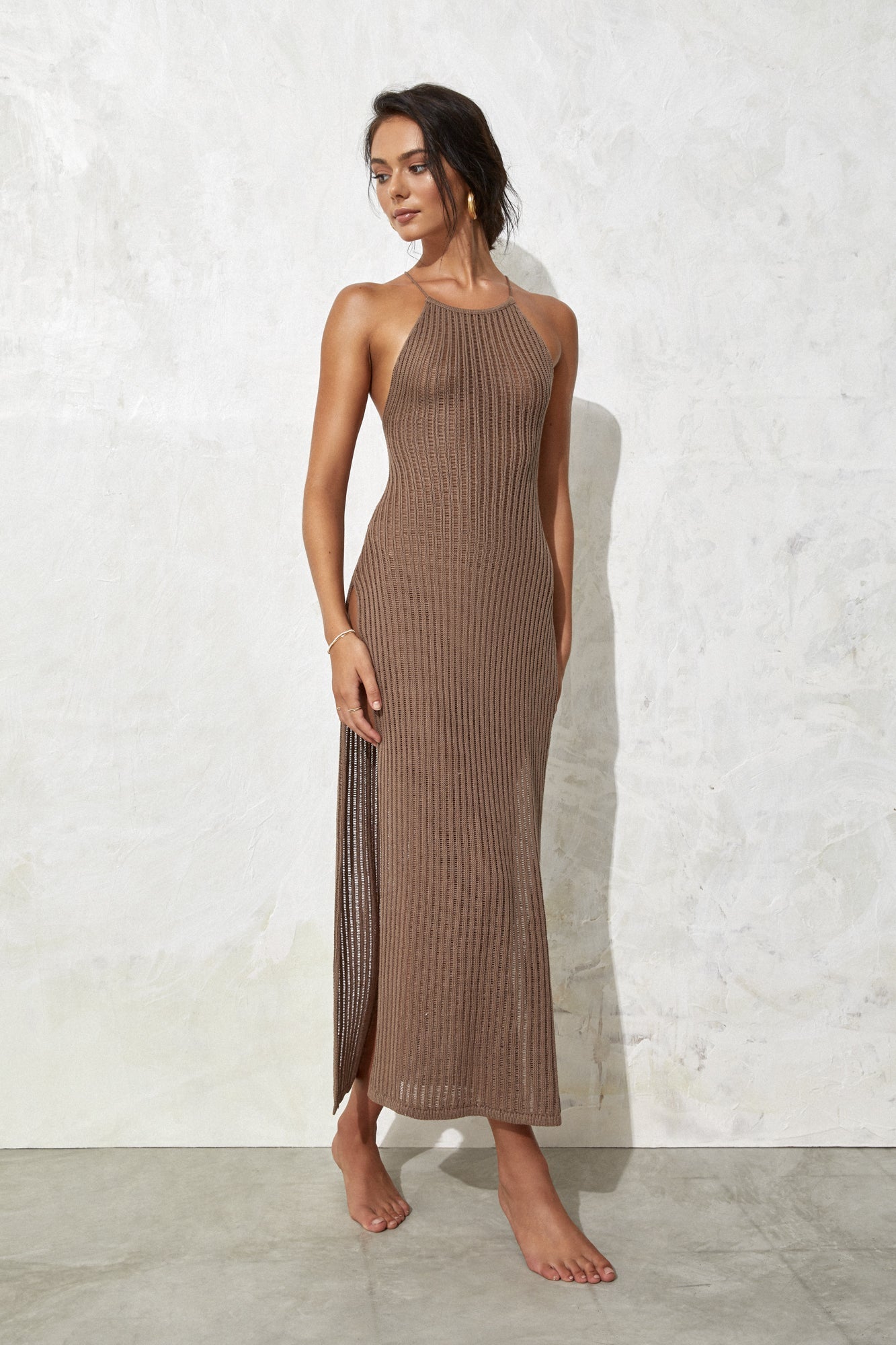 Ribbed Knit Open Back High Slit Maxi Dresses-Hayhty.All Rights Reserved.