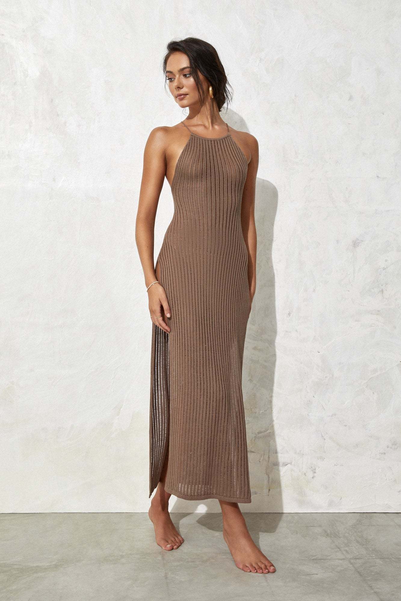 Ribbed Knit Open Back High Slit Maxi Dresses-Hayhty.All Rights Reserved.