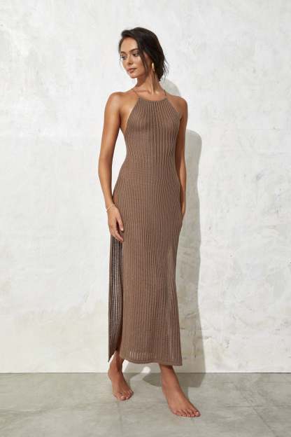 Ribbed Knit Open Back High Slit Maxi Dresses-Hayhty.All Rights Reserved.