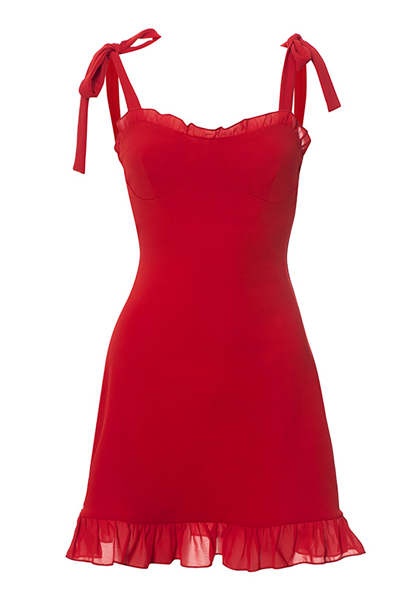 Tie Up Shoulder Straps Ruffled Trim Bodycon Mini Dresses-Red-Hayhty.All Rights Reserved.