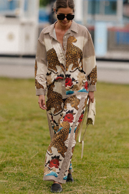 Leopards Floral Pattern Long Sleeve Blouse Wide Leg Pants Matching Set-Beige-Hayhty.All Rights Reserved.