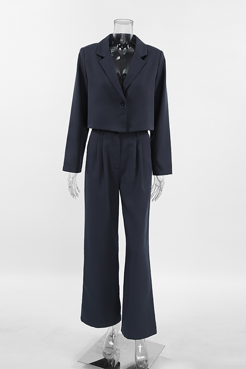 Notch Lapel Crop Blazer Wide Leg Pants Matching Set-DarkGray-Hayhty.All Rights Reserved.
