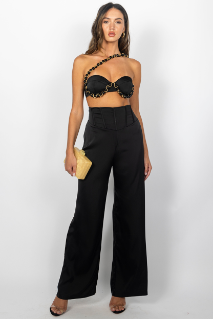 Chain Wrapped Beads One Shoulder Top Wide Leg Pants 2pcs Set-Black-Hayhty.All Rights Reserved.