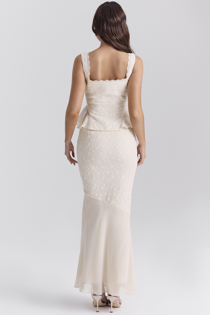 Floral Embroidery Ruffled Top Bodycon Maxi Skirt Matching Set-Ivory-Hayhty.All Rights Reserved.