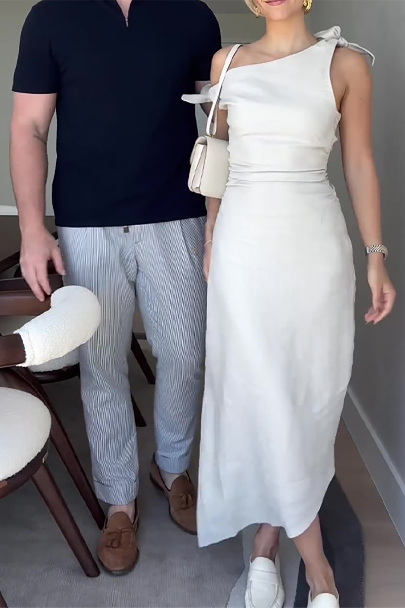 Skew Neck One Shoulder Tie Up Slim Fit Solid Color Midi Dresses-White-Hayhty.All Rights Reserved.