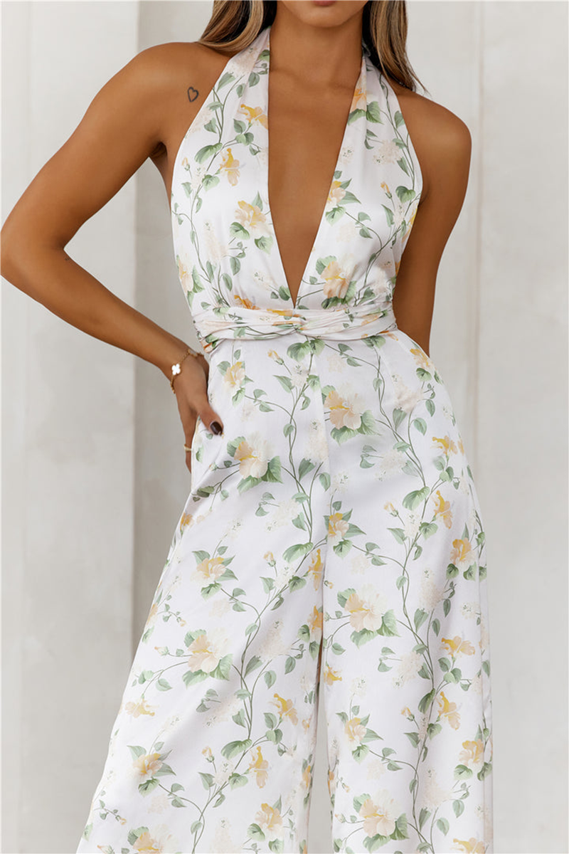 Floral Print Deep V Neck Halter Wide Leg Backless Jumpsuit-White-Hayhty.All Rights Reserved.