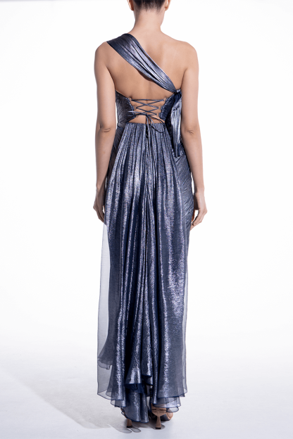 One Shoulder Lace Up Backless Pleated Slit Maxi Dresses-Navy-Hayhty.All Rights Reserved.