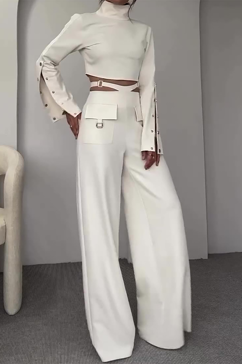 Stand Collar Slit Long Sleeve Crop Top Wide Leg Pants Matching Set-White-Hayhty.All Rights Reserved.