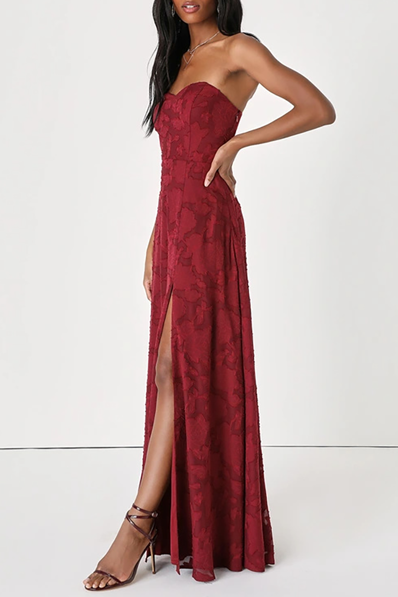 Sweetheart Neckline Strapless Slit Jacquard A-Line Gowns Maxi Dresses-Pink-Hayhty.All Rights Reserved.