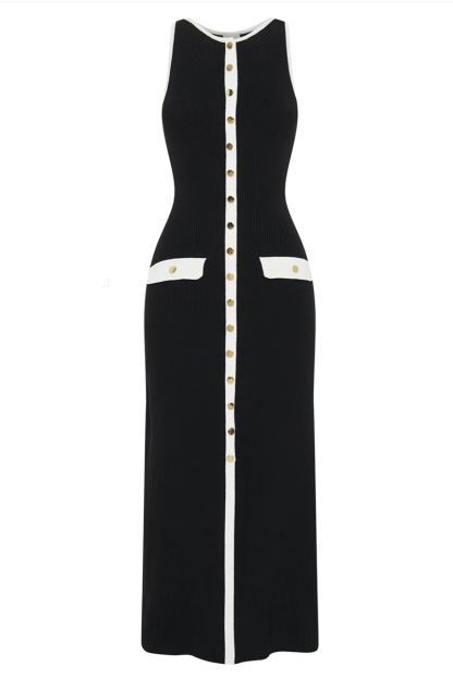 Colorblock Trim Round Neck Slim Fit Button Up Knit Midi Tank Dresses-Black-Hayhty.All Rights Reserved.
