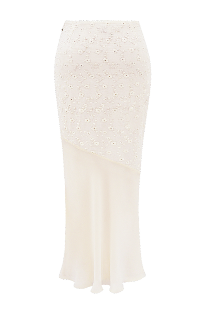 Floral Embroidery Ruffled Top Bodycon Maxi Skirt Matching Set-Ivory-Hayhty.All Rights Reserved.