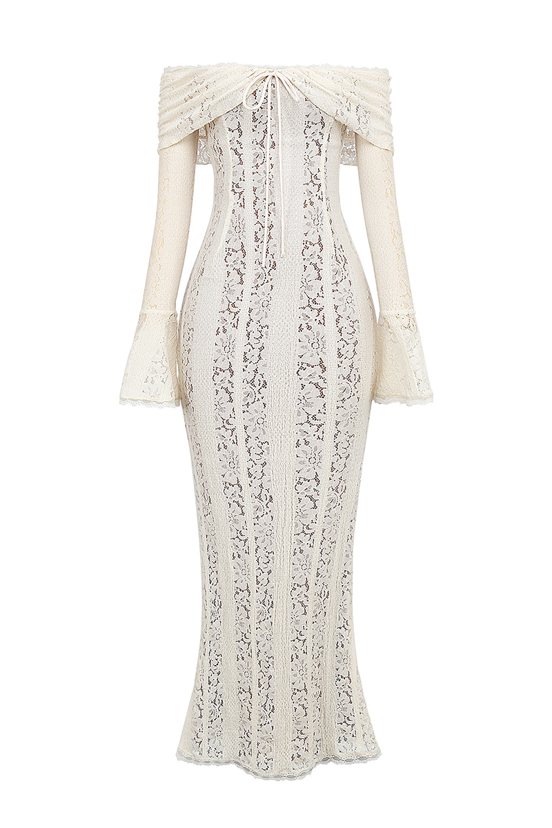 Floral Lace Off Shoulder Flare Sleeve Fishtail Maxi Dresses-White-Hayhty.All Rights Reserved.