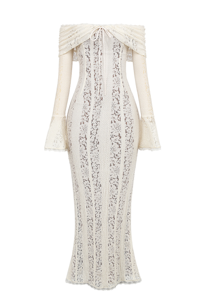 Floral Lace Off Shoulder Flare Sleeve Fishtail Maxi Dresses-White-Hayhty.All Rights Reserved.
