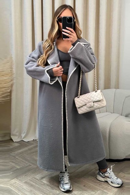 Wavy Edge Lapel Collar Long Sleeve Loose Fit Woolen Coat-Black-Hayhty.All Rights Reserved.