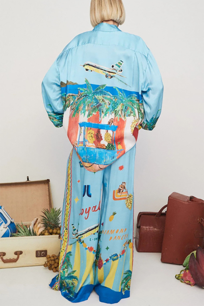 Vacation Mixed Print Turndown Collar Blouse Wide Leg Pants Matching Set-Blue-Hayhty.All Rights Reserved.