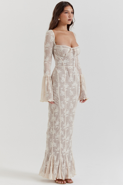 Square Neck Long Flare Sleeve Jacquard Fishtail Garden Party Maxi Dresses-White-Hayhty.All Rights Reserved.