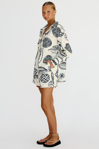 Floral Fruit Print Long Sleeve Shirt Casual Short Two Piece Set-Hayhty.All Rights Reserved.