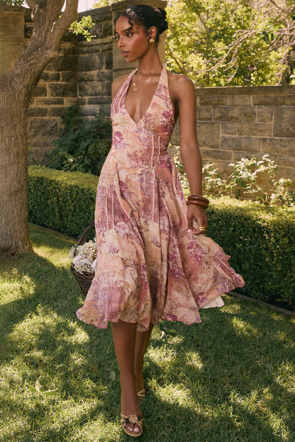 Floral Paisley Mixed Print Cinch Waist Halter Midi Dresses-Purple-Hayhty.All Rights Reserved.