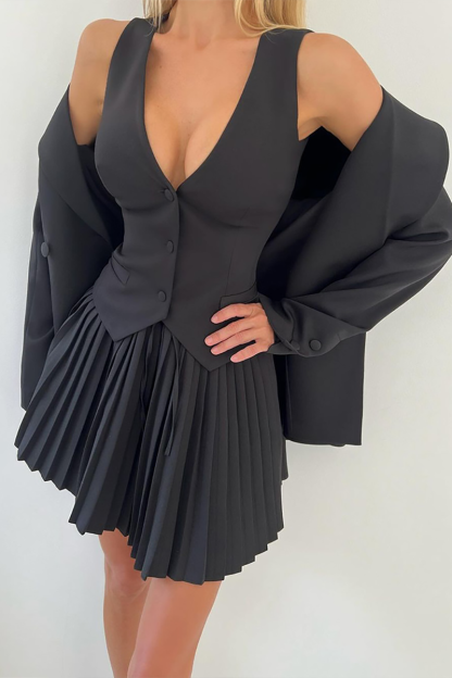 Deep V Neck Cinch Waist Waistcoat Pleated Mini Skirt Matching Set-Blue-Hayhty.All Rights Reserved.
